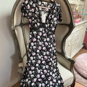 LoveShackFancy Aurelle Dress Night Pearl Maxi Lace Pink Black Floral 4 XS Small